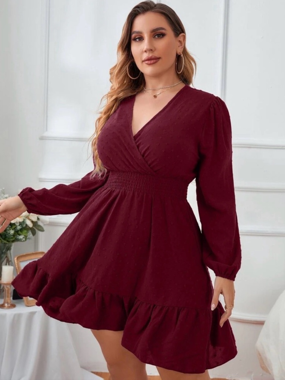 NWOT SHEIN Modely Plus Swiss Dot Surplice Neck Shirred Ruffle Hem Dress - Sz 0XL